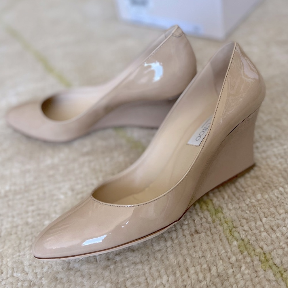 Jimmy Choo Aiken Patent Wedge Shoes in Nude